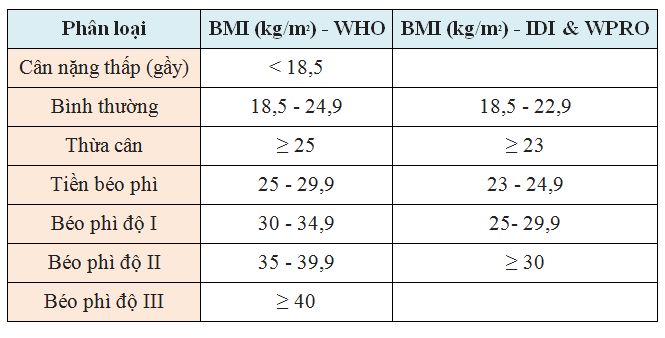 Phân loại gầy béo theo chỉ số BMI