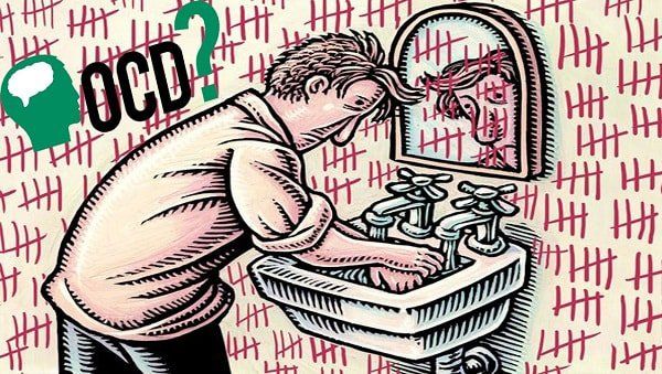 Minh họa người mắc rối loạn ám ảnh cưỡng chế OCD với hành vi lặp lại như rửa tay và kiểm tra đồ vật liên tục