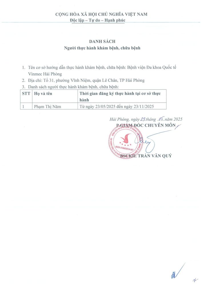 Danh sách người thực hành khám bệnh, chữa bệnh tại Bệnh viện đa khoa quốc tế Vinmec Hải Phòng