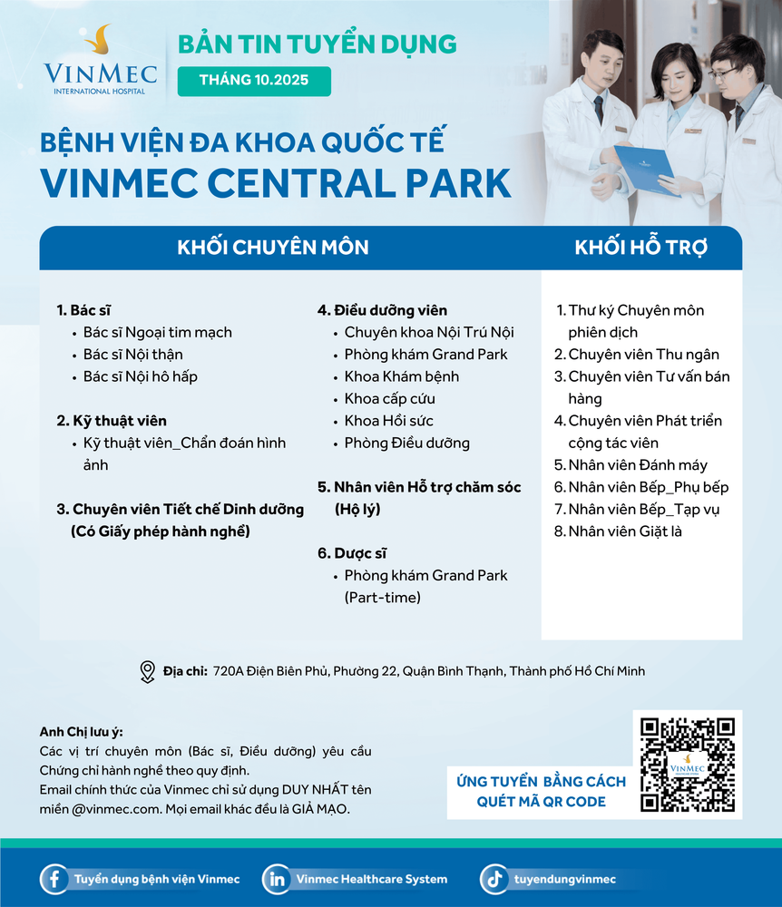 Bệnh viện Đa khoa Quốc tế Vinmec Central Park tuyển dụng nhiều vị trí tháng 10/2025