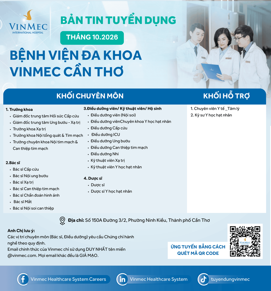 Bệnh viện Đa khoa Quốc tế Vinmec Cần Thơ tuyển dụng nhiều vị trí tháng 10/2026