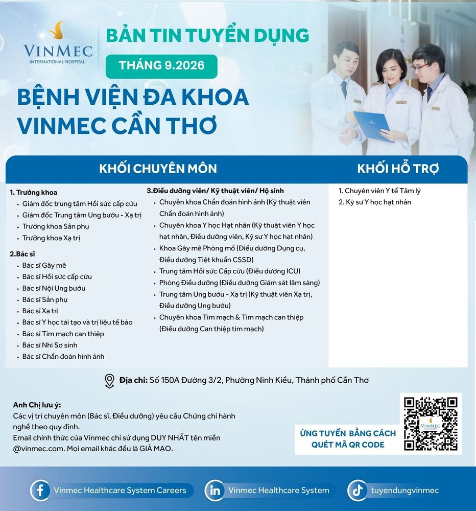 Bệnh viện Đa khoa Quốc tế Vinmec Cần Thơ tuyển dụng nhiều vị trí tháng 9/2026