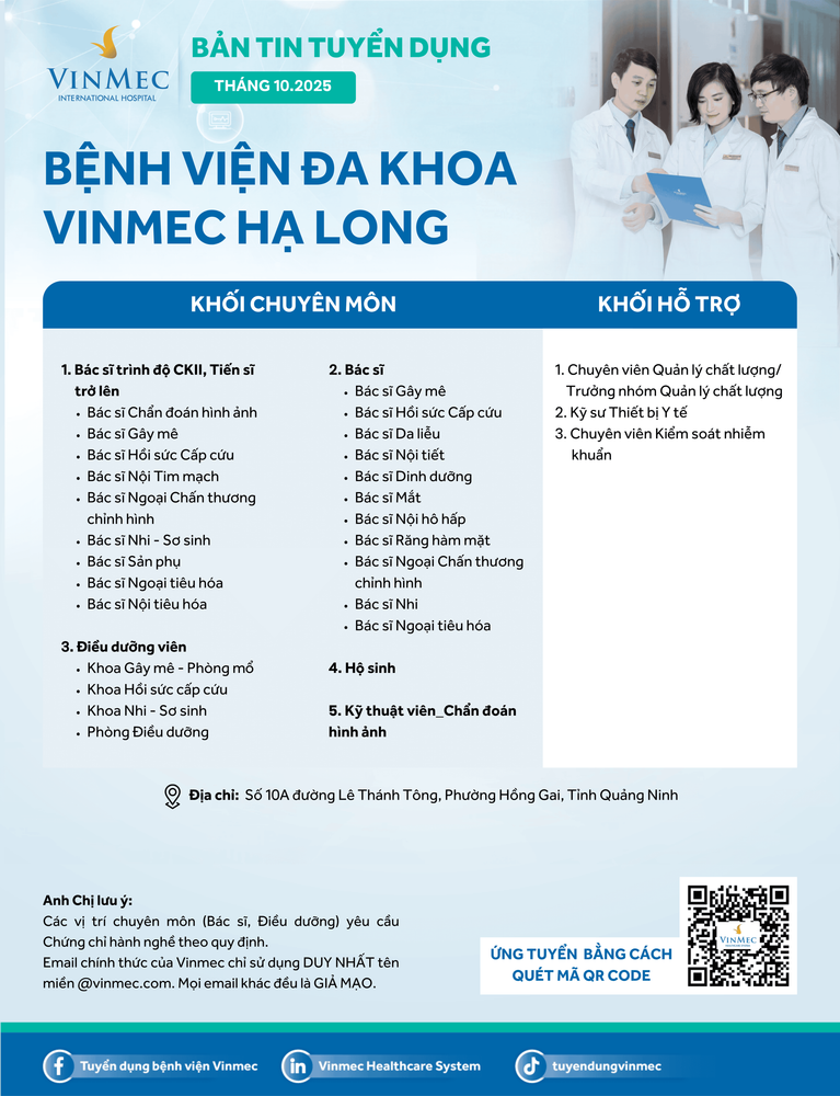 Bệnh viện Đa khoa Vinmec Hạ Long tuyển dụng nhiều vị trí tháng 10/2025
