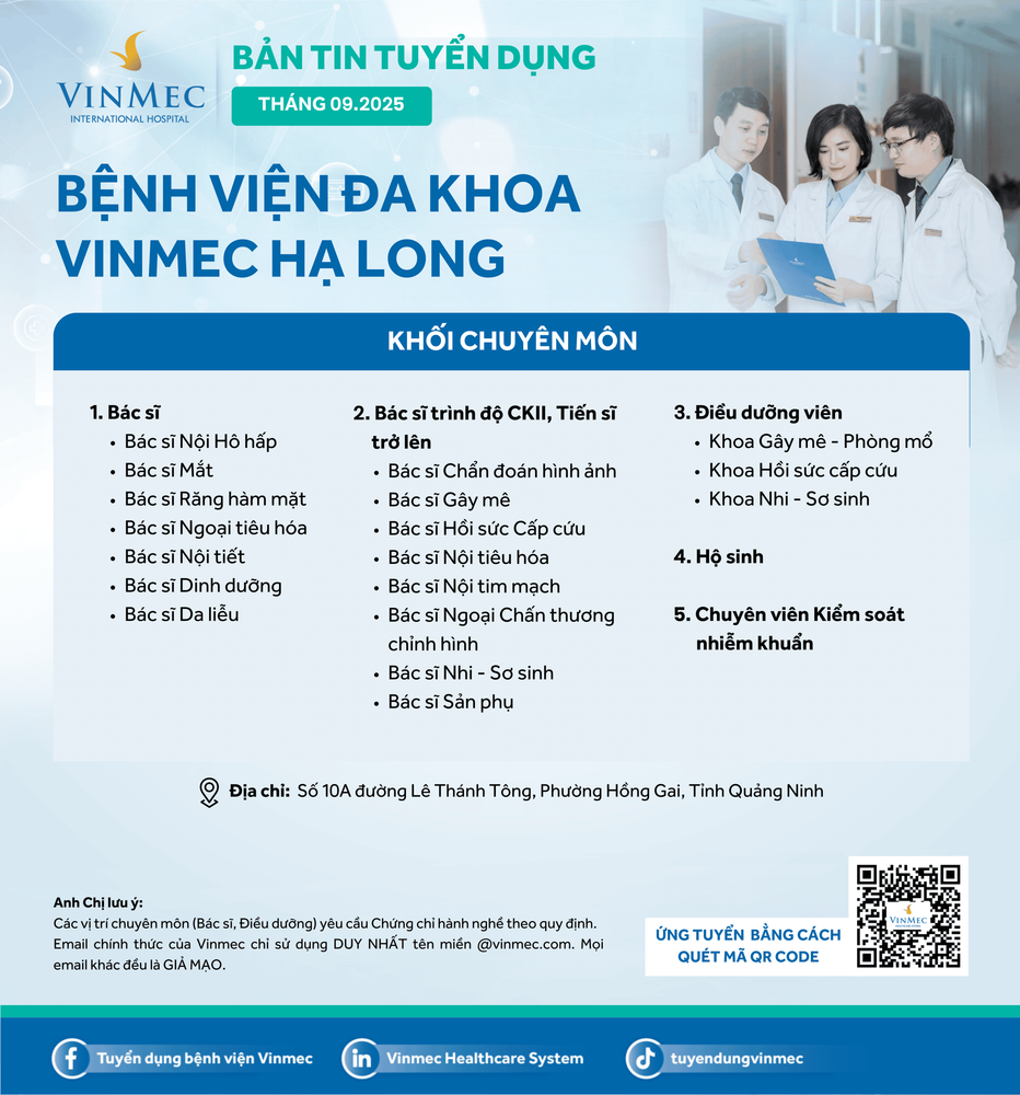 Bệnh viện Đa khoa Vinmec Hạ Long tuyển dụng nhiều vị trí tháng 9/2025.