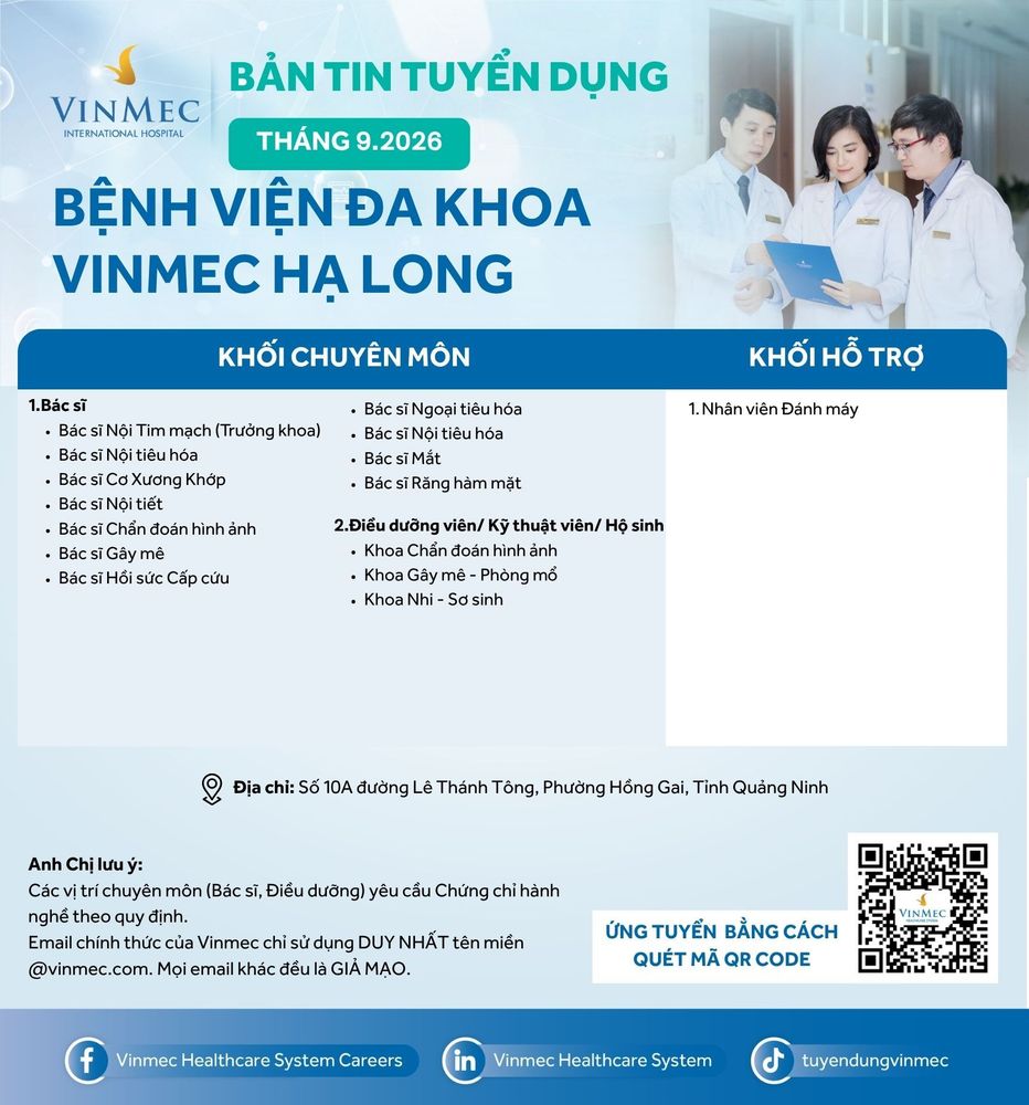 Bệnh viện Đa khoa Quốc tế Vinmec Hạ Long tuyển dụng nhiều vị trí tháng 9/2026