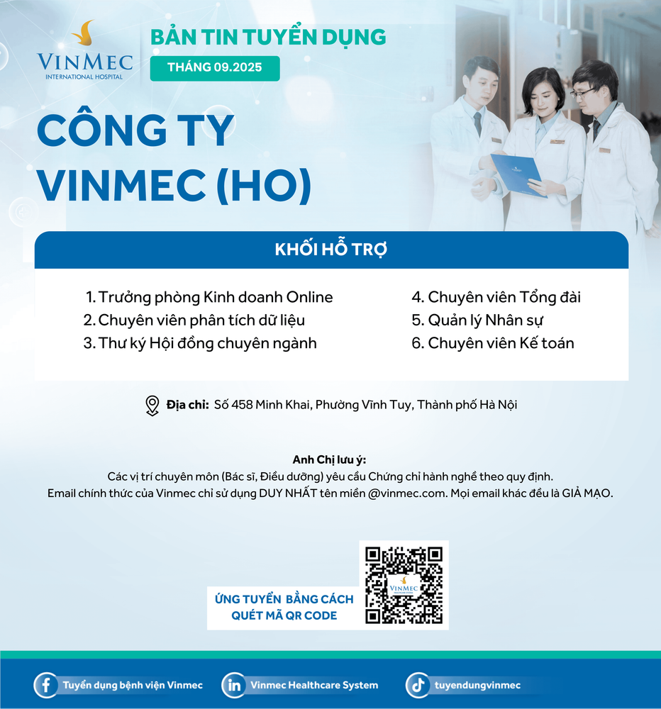 Công ty Vinmec (HO) tuyển dụng nhiều vị trí tháng 9/2025