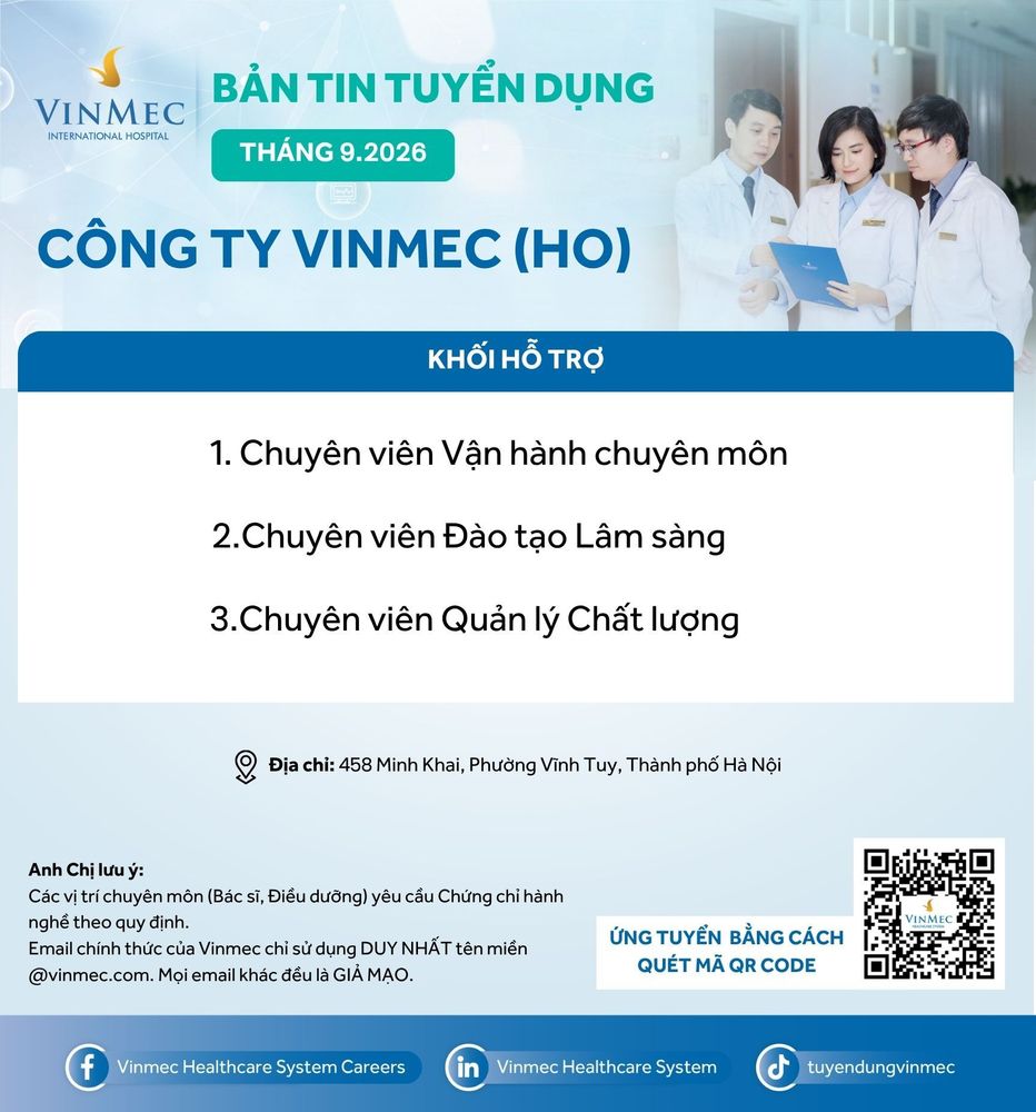Công ty Vinmec (HO) tuyển dụng nhiều vị trí tháng 9/2026
