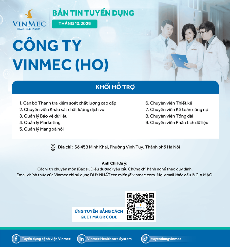 Công ty Vinmec (HO) tuyển dụng nhiều vị trí tháng 10/2025