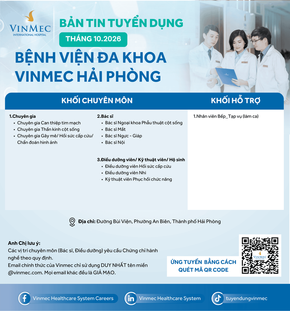 Bệnh viện Đa khoa Quốc tế Vinmec Hải Phòng tuyển dụng nhiều vị trí tháng 10/2026