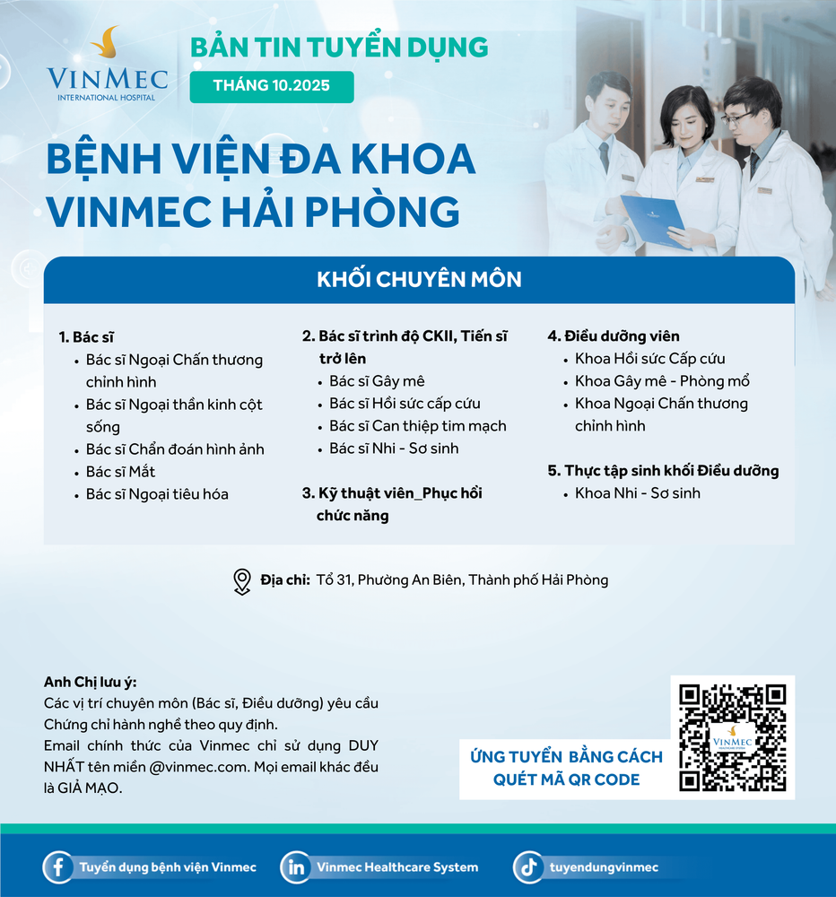 Bệnh viện Đa khoa Vinmec Hải Phòng tuyển dụng nhiều vị trí tháng 10/2025