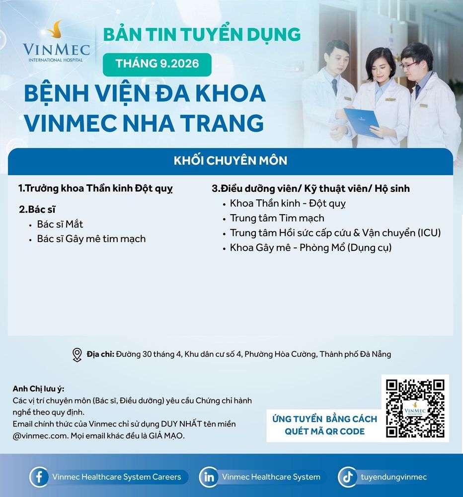 Bệnh viện Đa khoa Quốc tế Vinmec Nha Trang tuyển dụng nhiều vị trí tháng 9/2026