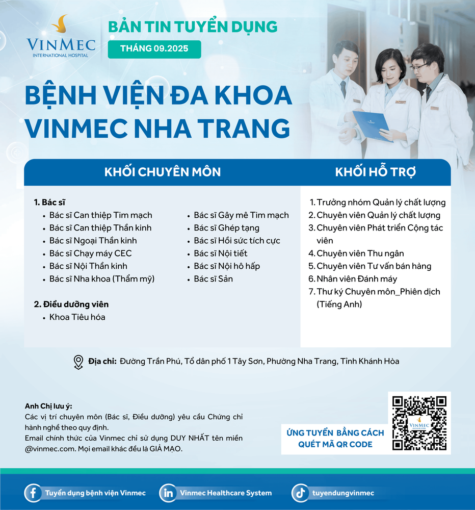 Bệnh viện Đa khoa Vinmec Nha Trang tuyển dụng nhiều vị trí tháng 9/2025