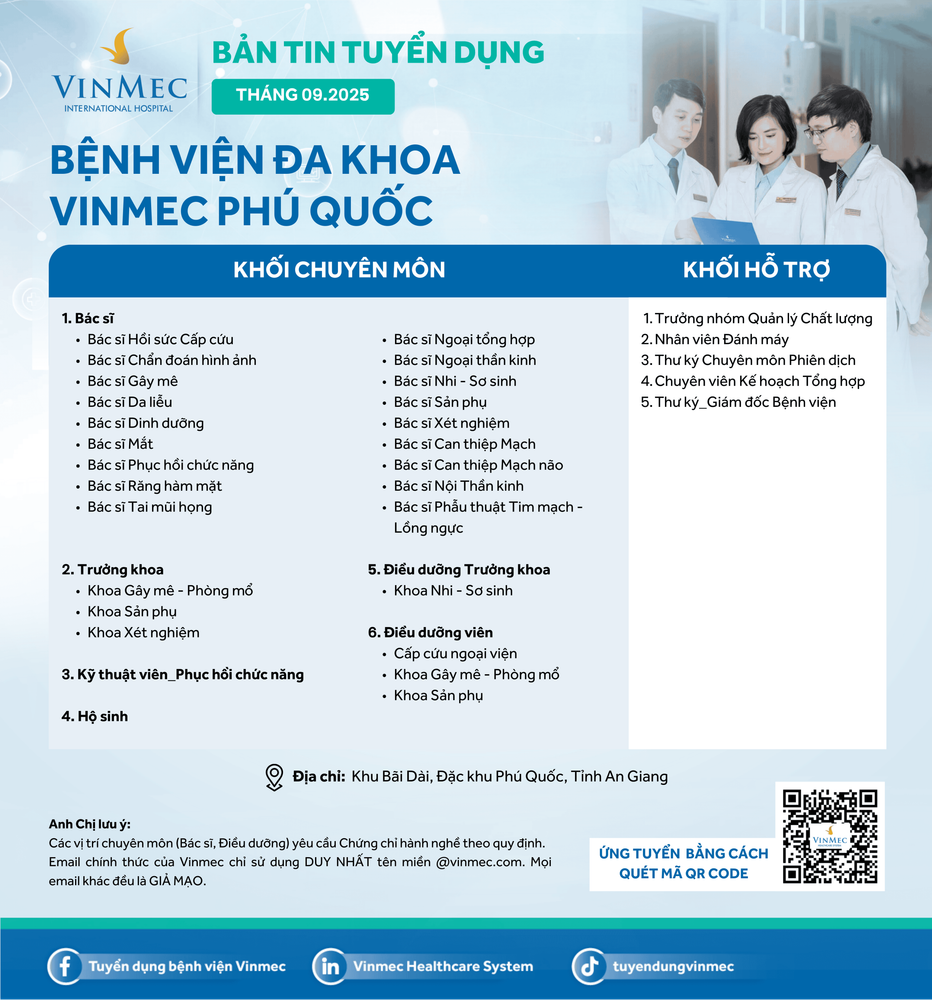 Bệnh viện Đa khoa Vinmec Phú Quốc tuyển dụng nhiều vị trí tháng 9/2025