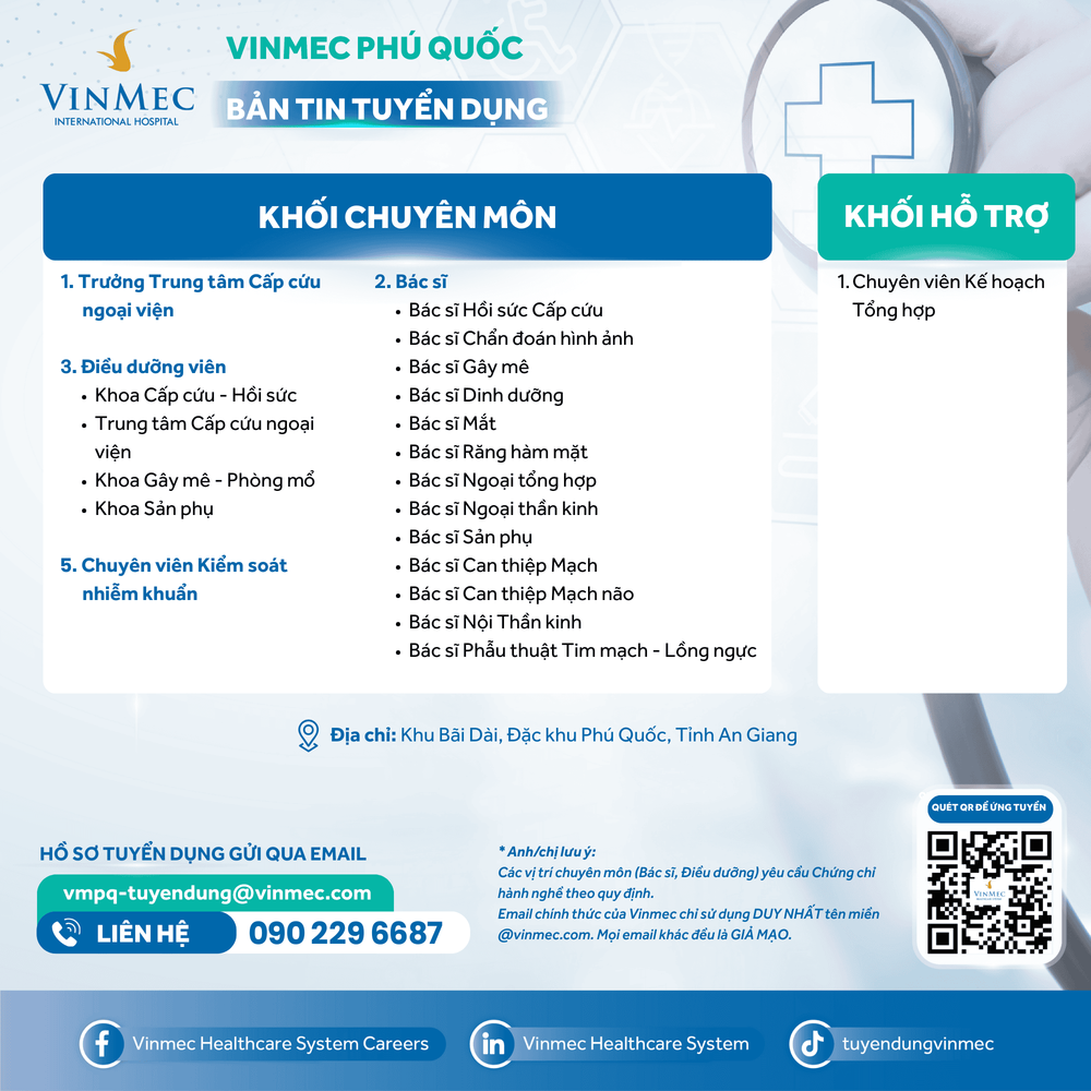 Bệnh viện Đa khoa Vinmec Phú Quốc tuyển dụng nhiều vị trí tháng 12/2025
