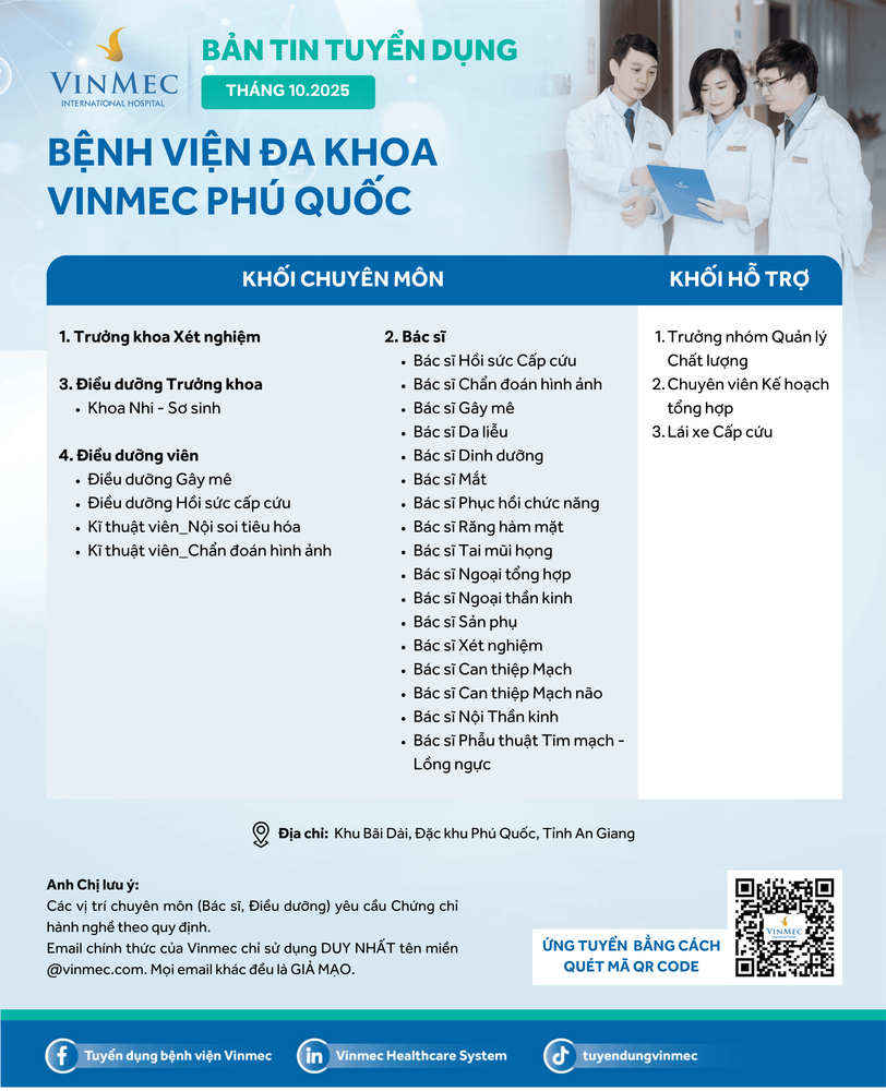 Bệnh viện Đa khoa Vinmec Phú Quốc tuyển dụng nhiều vị trí tháng 10/2025