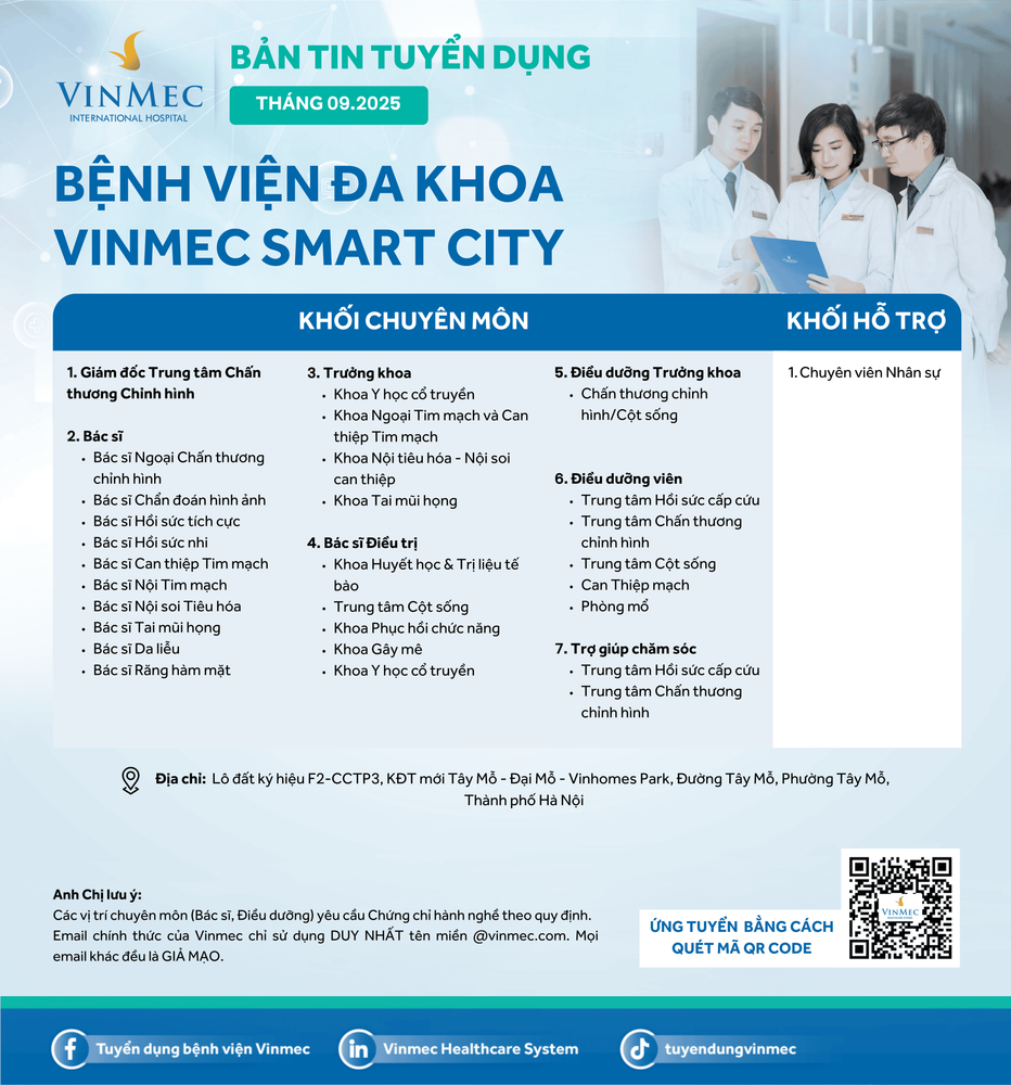 Bệnh viện Đa khoa Vinmec Smart City tuyển dụng nhiều vị trí tháng 9/2025