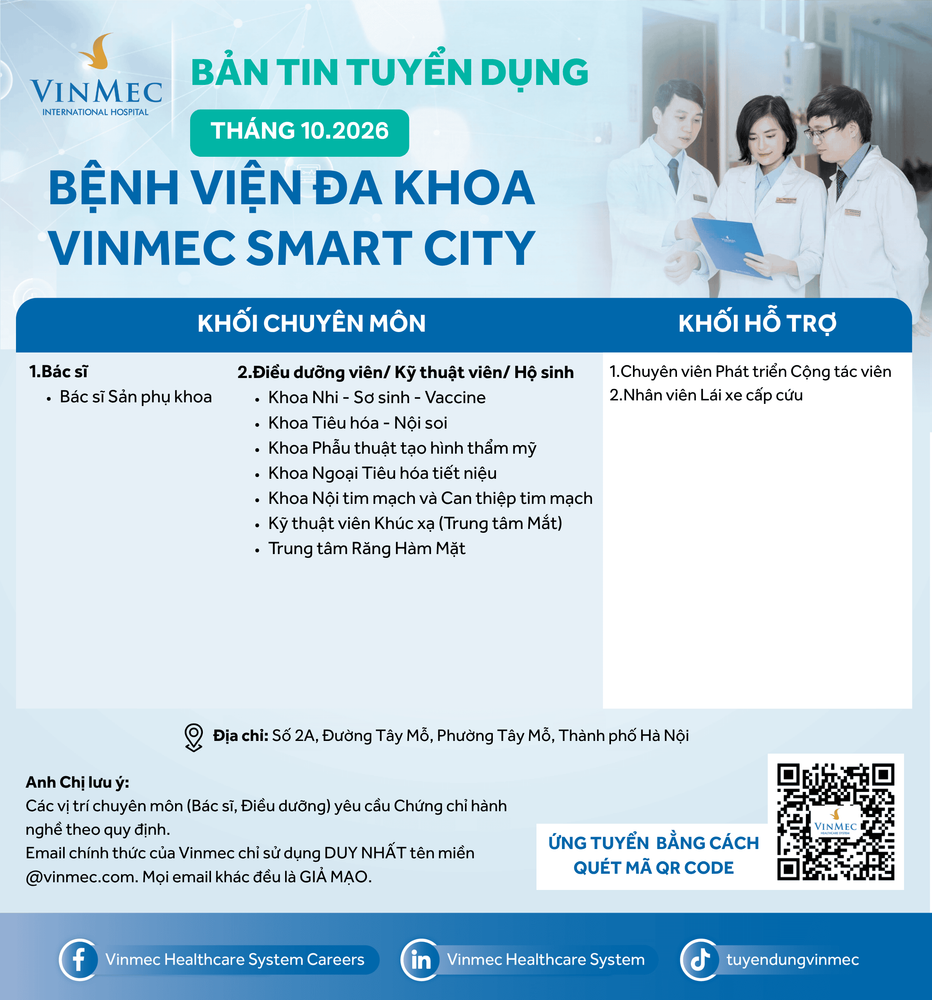 Bệnh viện Đa khoa Quốc tế Vinmec Smart City tuyển dụng nhiều vị trí tháng 10/2026