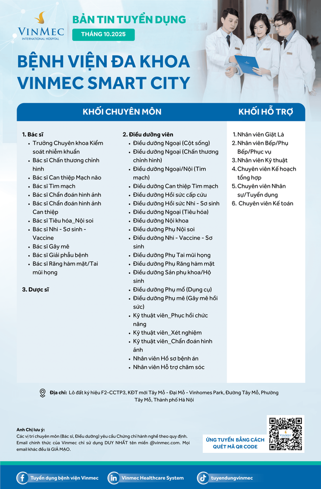 Bệnh viện Đa khoa Vinmec Smart City tuyển dụng nhiều vị trí tháng 10/2025