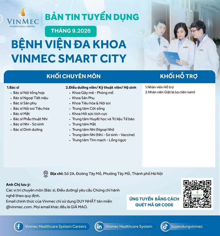 Bệnh viện Đa khoa Quốc tế Vinmec Smart City tuyển dụng nhiều vị trí tháng 9/2026