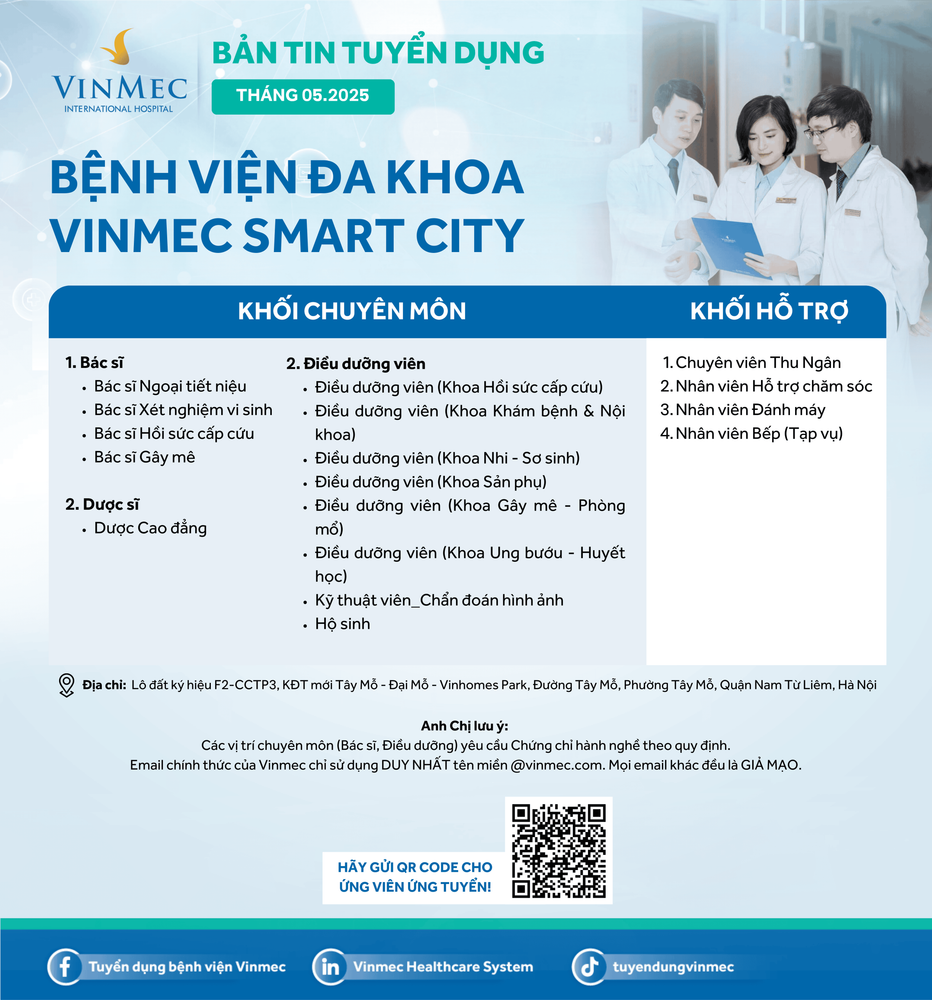 Bệnh viện Đa khoa Vinmec Smart City tuyển dụng nhiều vị trí tháng 5/2025