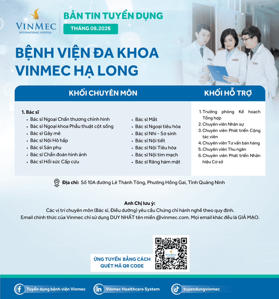 Bệnh viện Đa khoa Vinmec Hạ Long tuyển dụng nhiều vị trí tháng 8/2025