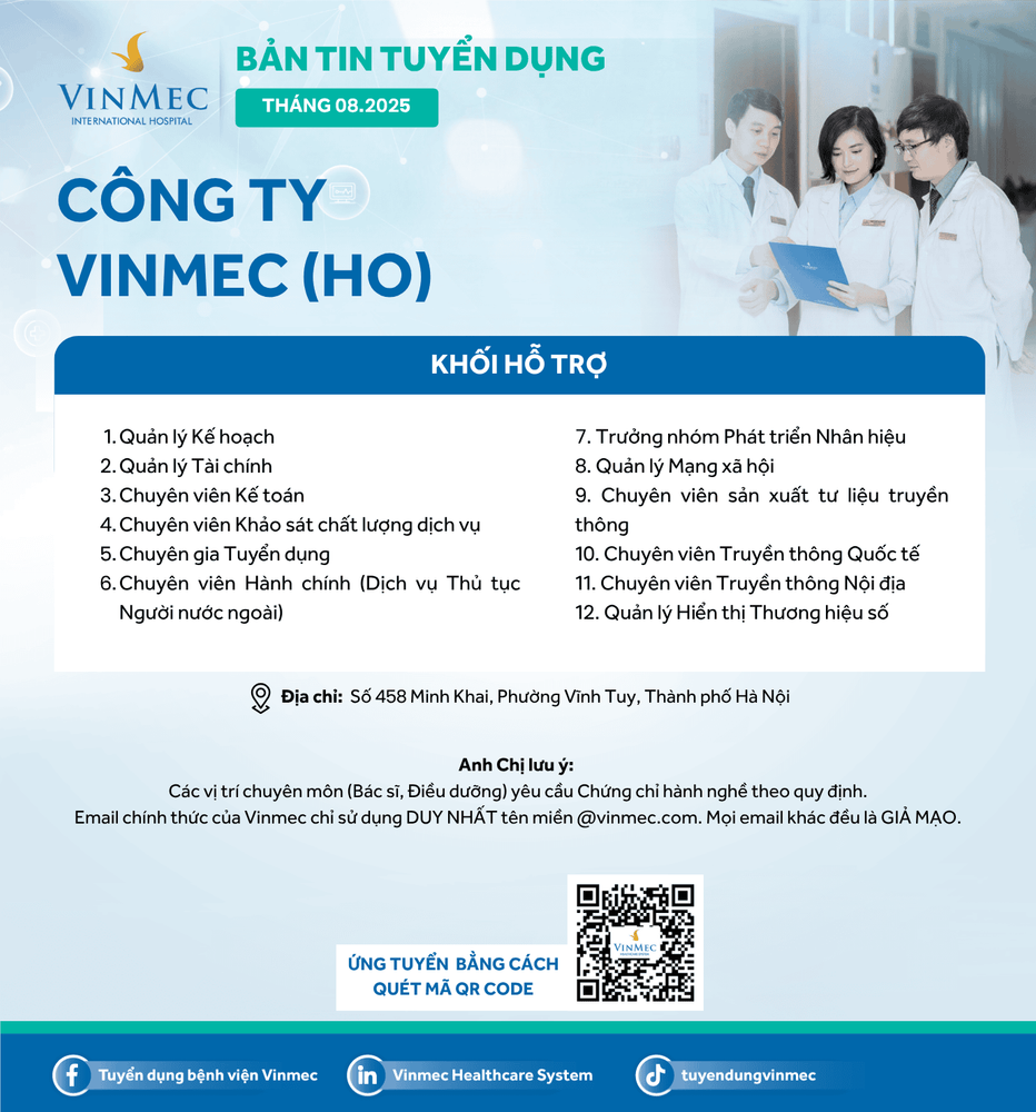 Công ty Vinmec (HO) tuyển dụng nhiều vị trí tháng 8/2025