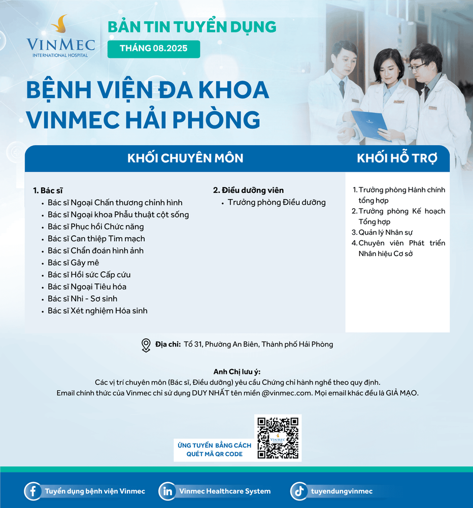Bệnh viện Đa khoa Vinmec Hải Phòng tuyển dụng nhiều vị trí tháng 8/2025