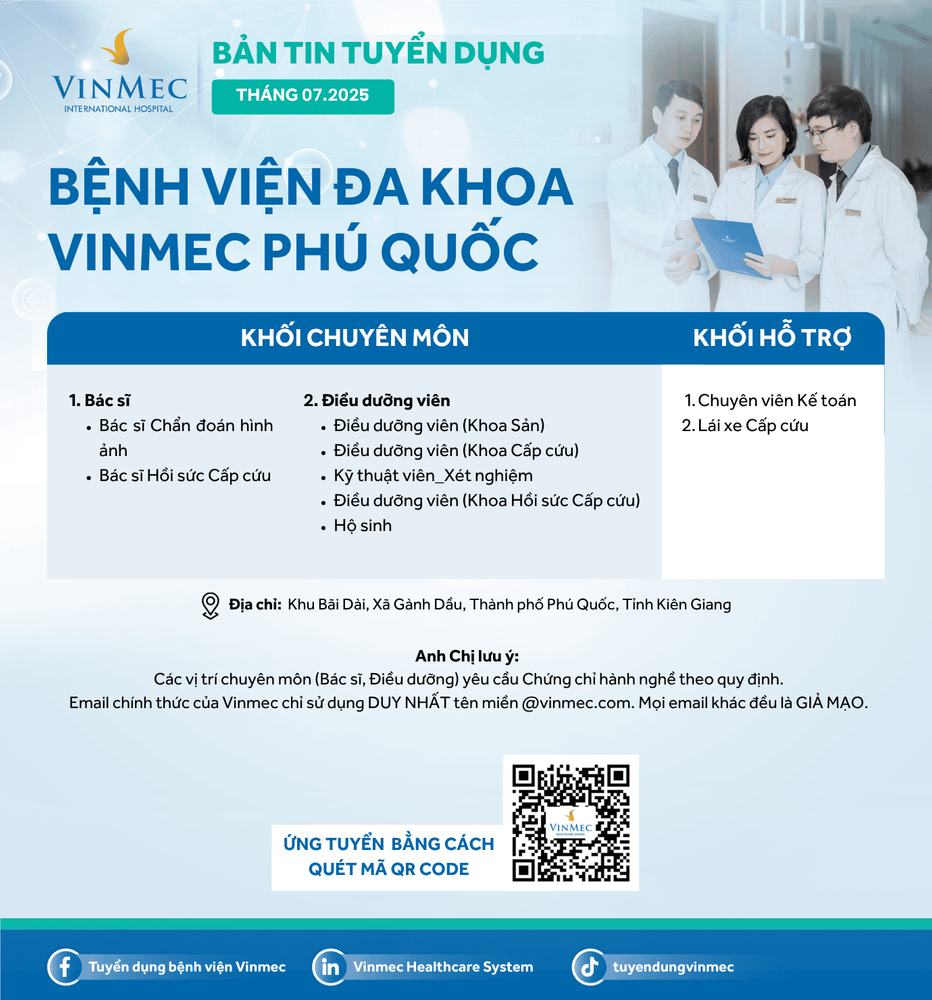Bệnh viện Đa khoa Vinmec Phú Quốc tuyển dụng nhiều vị trí tháng 7/2025