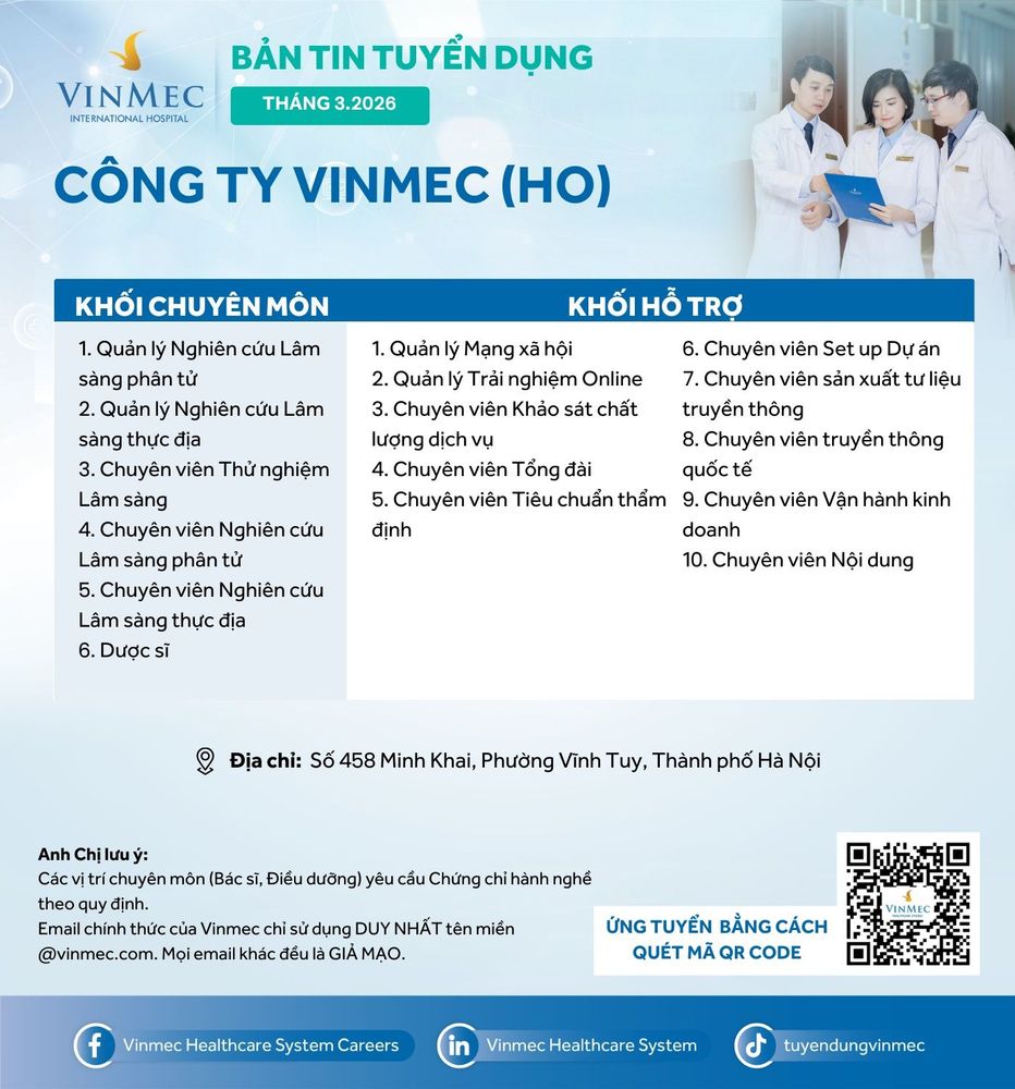 Công ty Vinmec (HO) tuyển dụng nhiều vị trí tháng 3/2026