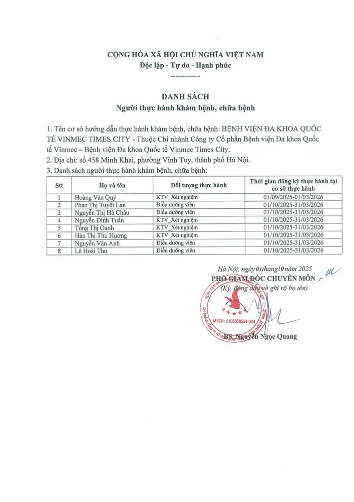 Danh sách đăng ký thực hành tại Bệnh viện Đa khoa Quốc tế Vinmec Times City tháng 10 năm 2025