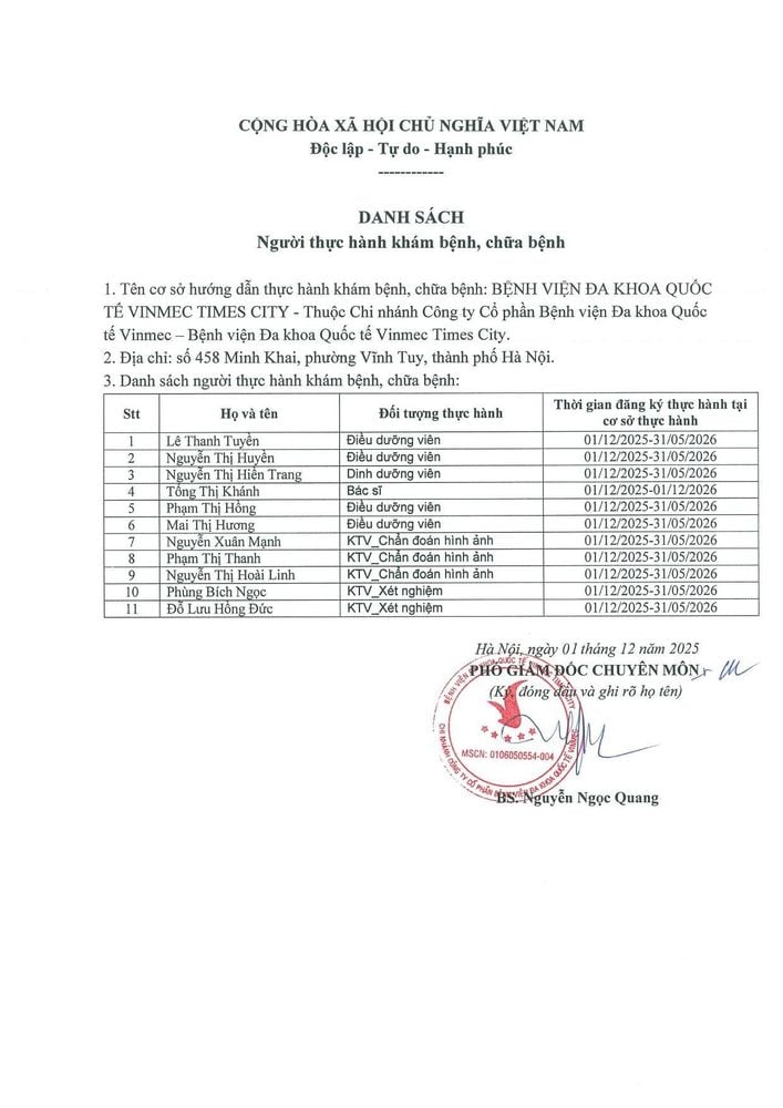 Danh sách đăng ký thực hành tại Bệnh viện Đa khoa Quốc tế Vinmec Times City tháng 12 năm 2025