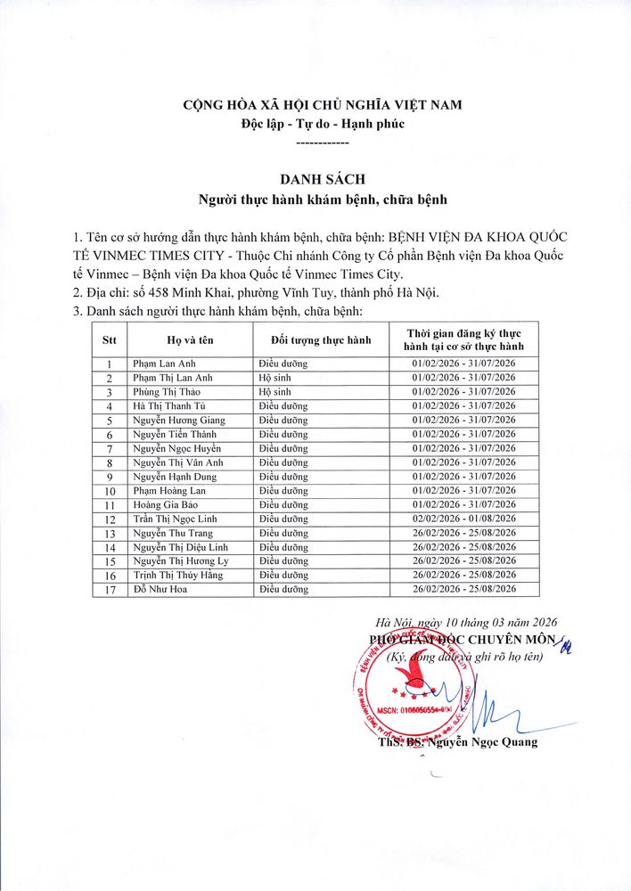 Danh sách người thực hành khám bệnh, chữa bệnh - Bệnh viện Đa khoa Vinmec Times City tháng 2/2026