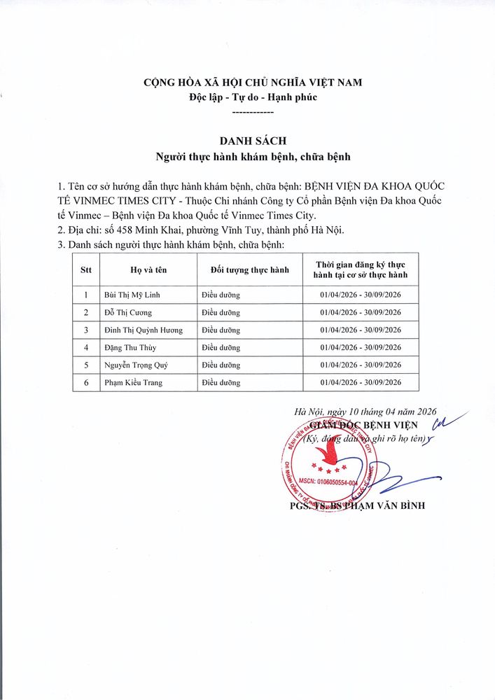 Danh sách người thực hành khám bệnh, chữa bệnh - Bệnh viện Đa khoa Vinmec Times City tháng 4/2026