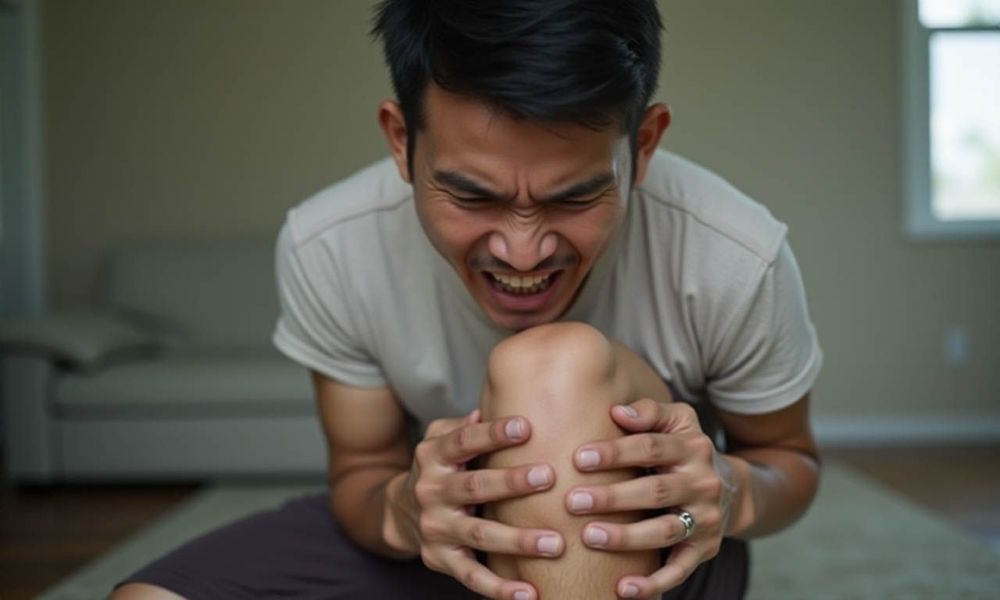 Dấu hiệu đau khớp gối trái là cảm giác cứng và sưng đầu gối.