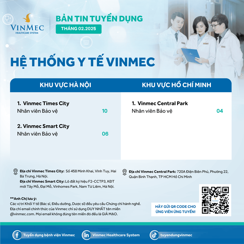 Hệ thống Y tế Vinmec tuyển dụng vị trí Nhân viên Bảo vệ tại Hà Nội và Hồ Chí Minh