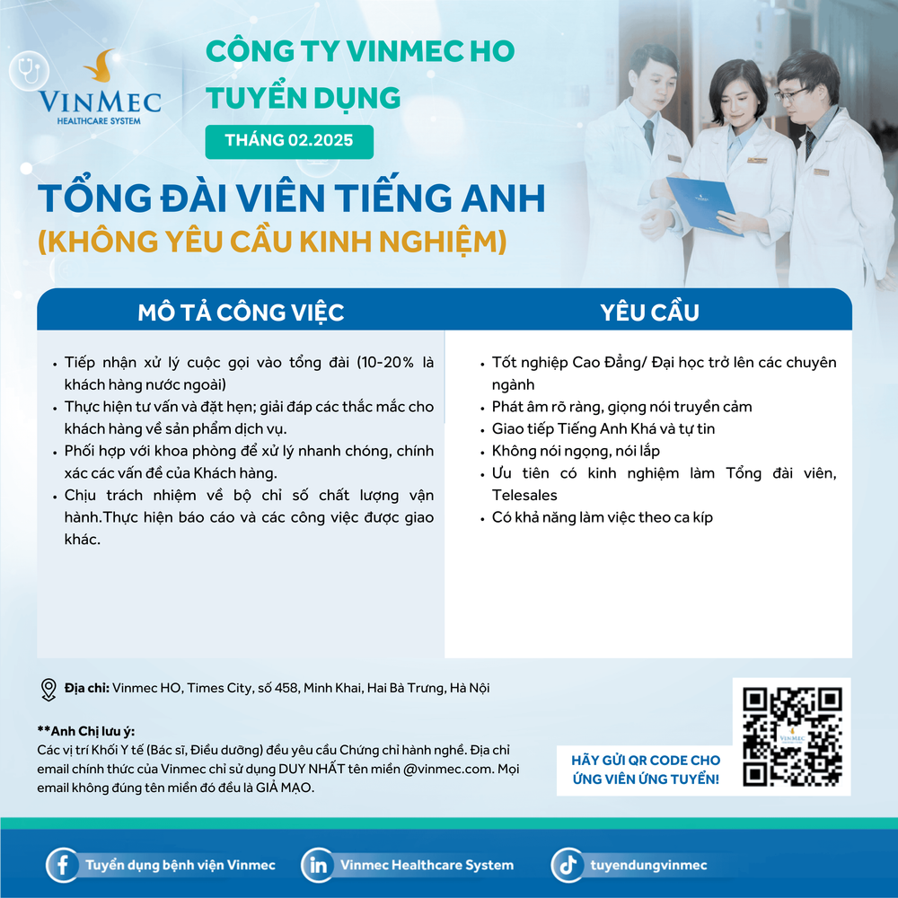 Hệ thống Y tế Vinmec đang tuyển dụng vị trí TỔNG ĐÀI VIÊN TIẾNG ANH 