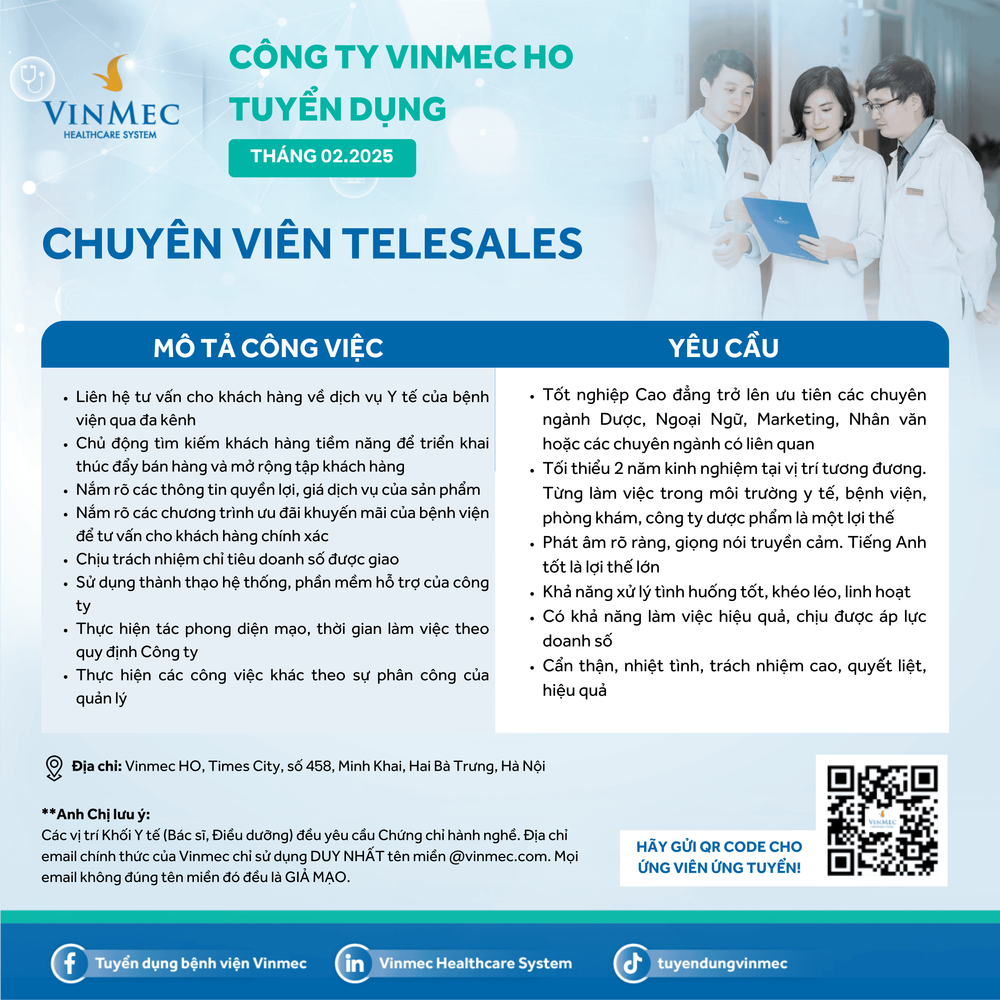 Hệ thống Y tế Vinmec đang tuyển dụng vị trí CHUYÊN VIÊN TELESALES