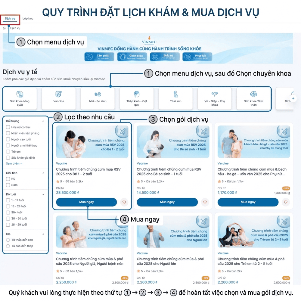 Chọn menu dịch vụ để lựa chọn các chuyên khoa mong muốn