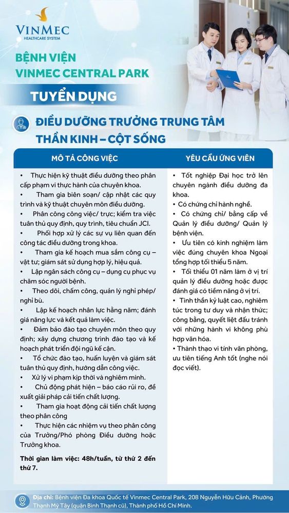 Vinmec Central Park tuyển dụng Điều dưỡng trưởng Trung tâm Thần kinh - Cột sống