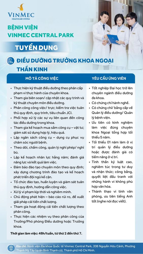 Vinmec Central Park tuyển dụng Điều dưỡng trưởng khoa Ngoại Thần Kinh