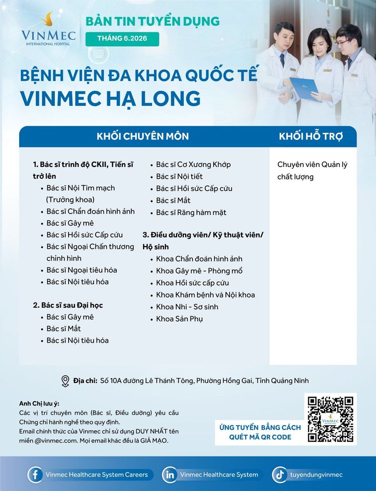 Bệnh viện Đa khoa Quốc tế Vinmec Hạ Long tuyển dụng nhiều vị trí tháng 6/2026