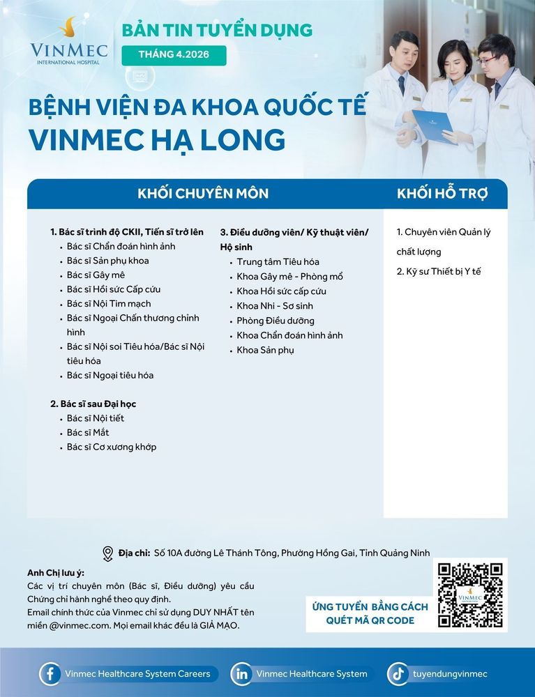 Bệnh viện Đa khoa Quốc tế Vinmec Hạ Long tuyển dụng nhiều vị trí tháng 4/2026