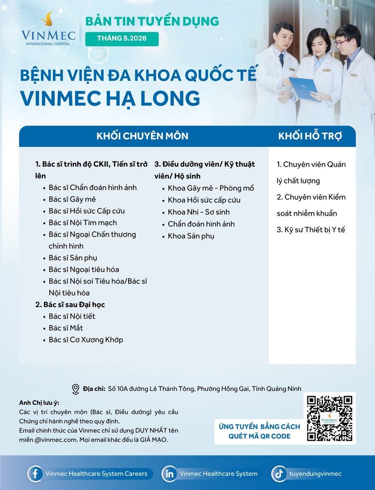 Bệnh viện Đa khoa Quốc tế Vinmec Hạ Long tuyển dụng nhiều vị trí tháng 5/2026