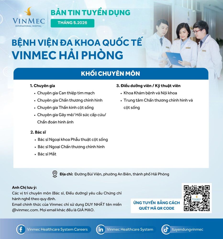 Bệnh viện Đa khoa Quốc tế Vinmec Hải Phòng tuyển dụng nhiều vị trí tháng 5/2026