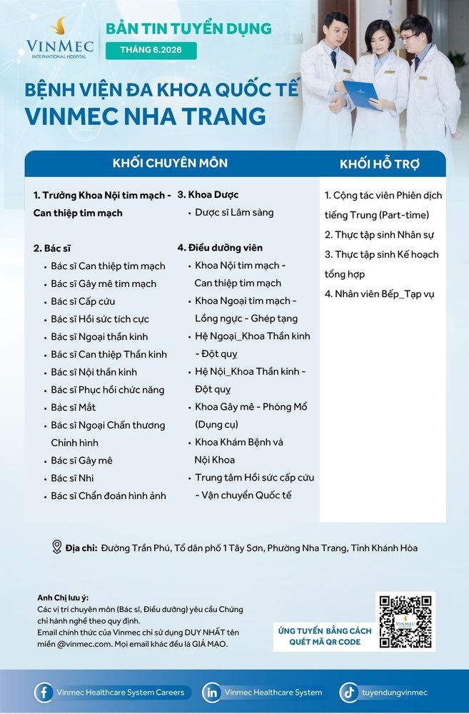 Bệnh viện Đa khoa Quốc tế Vinmec Nha Trang tuyển dụng nhiều vị trí tháng 6/2026