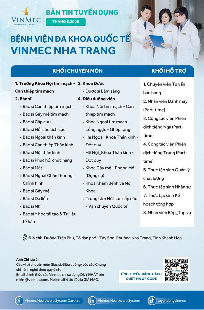 Bệnh viện Đa khoa Quốc tế Vinmec Nha Trang tuyển dụng nhiều vị trí tháng 5/2026