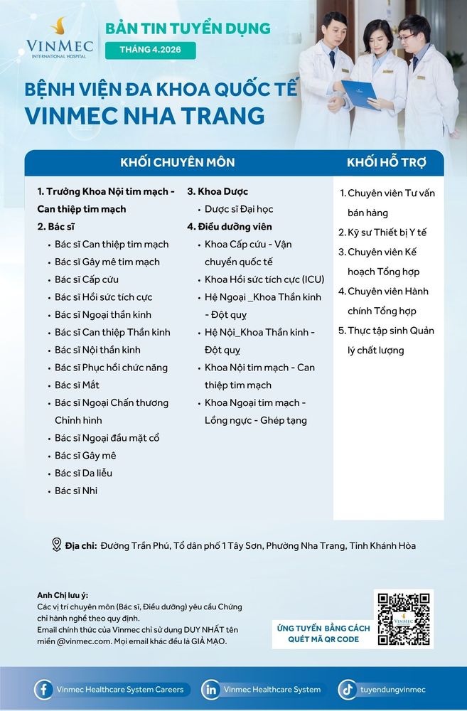 Bệnh viện Đa khoa Quốc tế Vinmec Nha Trang tuyển dụng nhiều vị trí tháng 4/2026