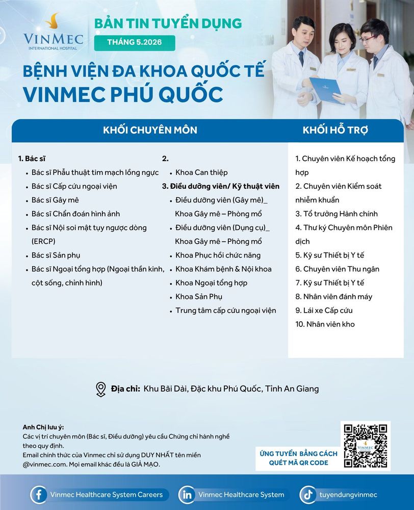 Bệnh viện Đa khoa Quốc tế Vinmec Phú Quốc tuyển dụng nhiều vị trí tháng 5/2026