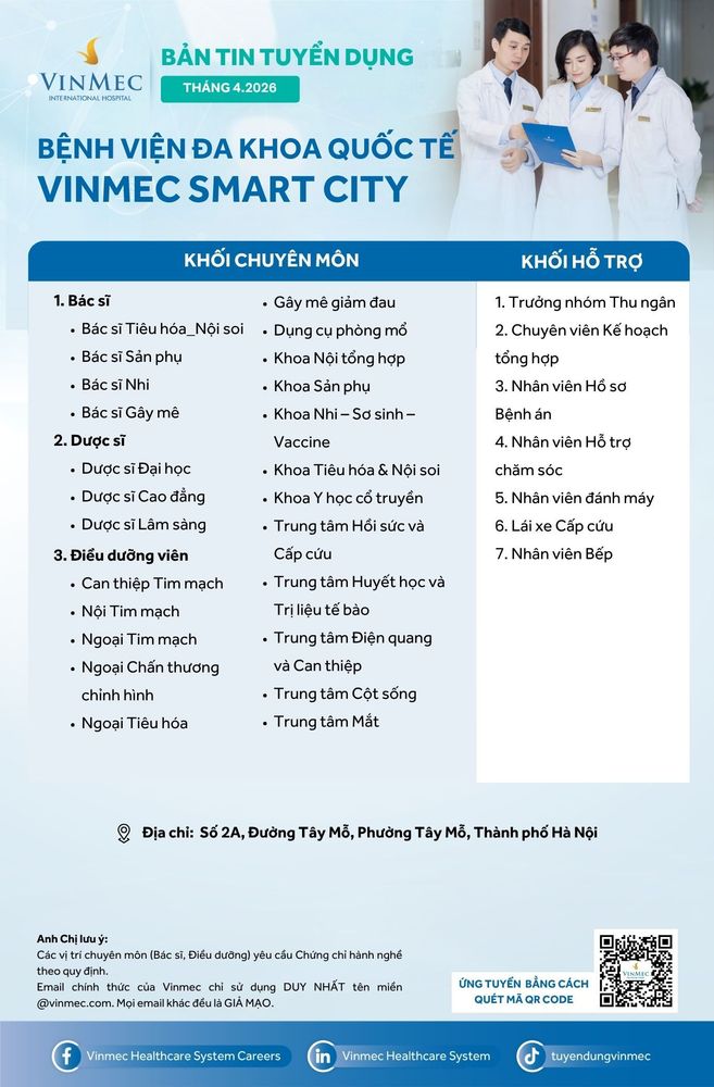 Bệnh viện Đa khoa Quốc tế Vinmec Smart City tuyển dụng nhiều vị trí tháng 4/2026