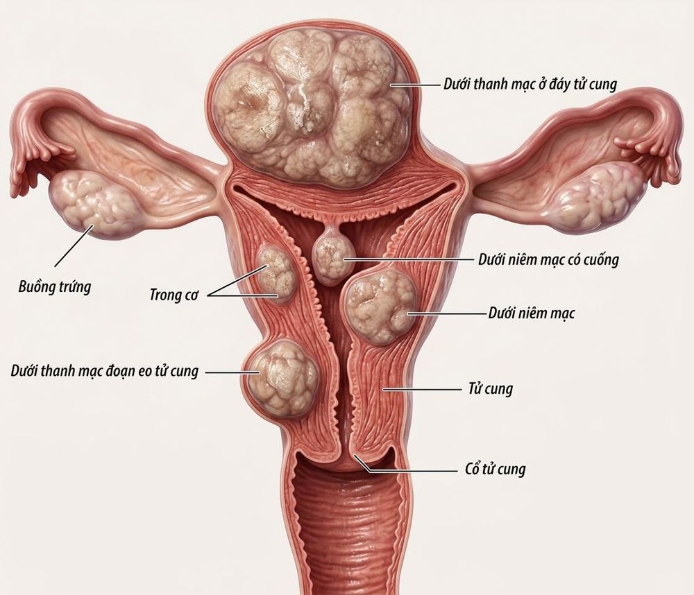 Sơ đồ minh họa các loại u xơ tử cung dựa trên vị trí của chúng